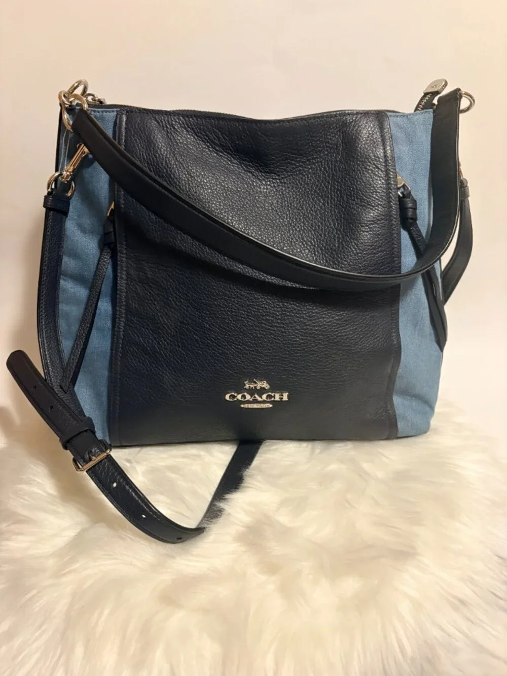 Coach Hallie Denim Pebbled Leather Convertible Shoulder Crossbody Bag Blue